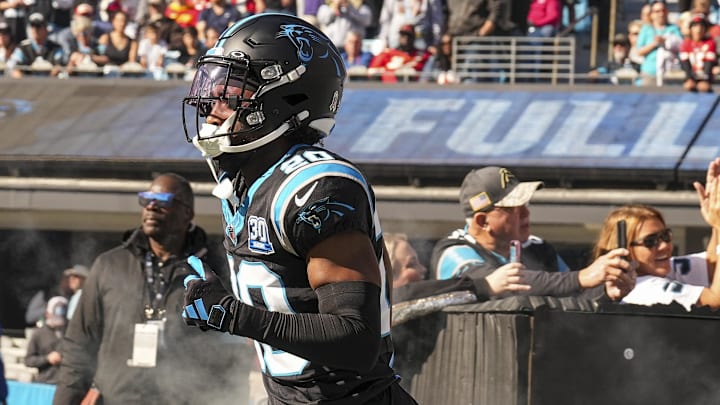 Nov 24, 2024; Charlotte, North Carolina, USA; Carolina Panthers safety Jordan Fuller (20) takes the field against the Kansas City Chiefs during the first quarter at Bank of America Stadium. Mandatory Credit: Jim Dedmon-Imagn Images