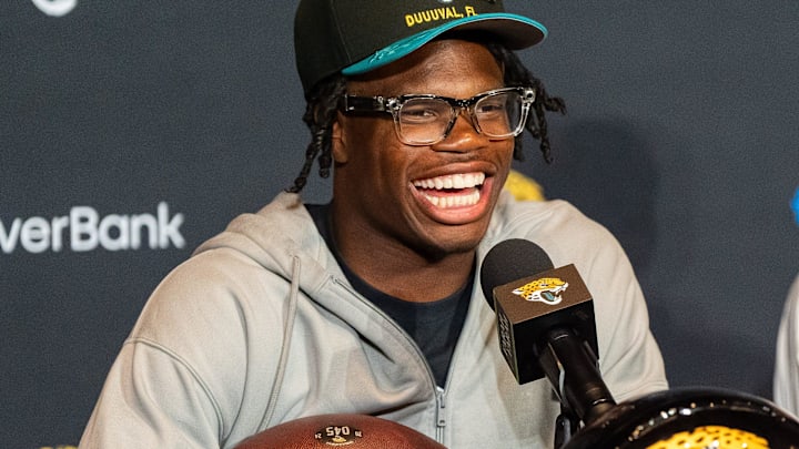 The Jacksonville Jaguars first-round pick, Colorado Buffaloes wide receiver and defensive back Travis Hunter answers questions during a press conference Friday, March 25, 2025 at Miller Electric Center in Jacksonville, Fla. [Doug Engle/Florida Times-Union]