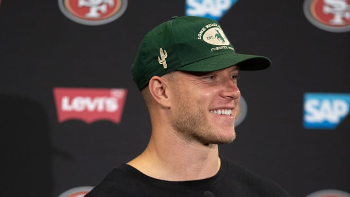 San Francisco 49ers running back Christian McCaffrey answers questions at a press conference following Day 3 of training camp at SAP Performance Facility. 