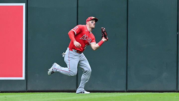 Angels outfielder Mike Trout (27) catches a fly ball off the bat of Minnesota Twins catcher Ryan Jeffers (not pictured) during the fourth inning at Target Field. 