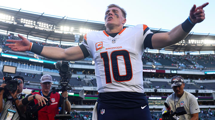 Oct 5, 2025; Philadelphia, Pennsylvania, USA; Denver Broncos quarterback Bo Nix (10) reacts as he walks off the field after a victory against the Philadelphia Eagles at Lincoln Financial Field. 