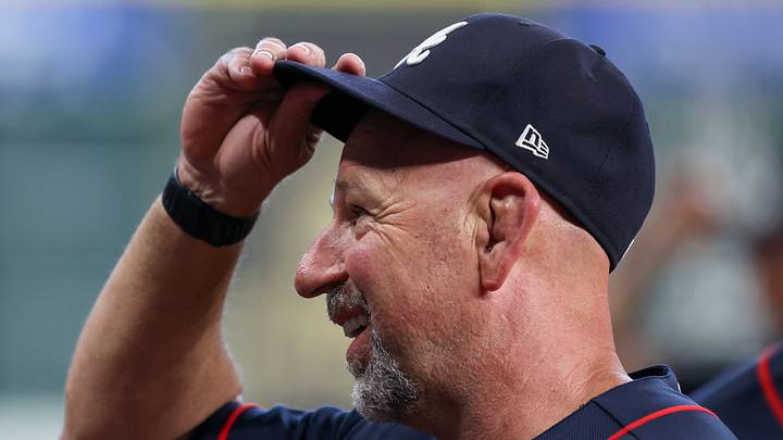 Sep 19, 2026; Houston, Texas, USA;  Atlanta Braves manager Walt Weiss (22) reacts before the game against the Houston Astros at Daikin Park.  Mandatory Credit: Thomas Shea-Imagn Images
