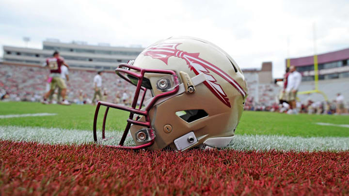 Oct 7, 2017; Tallahassee, FL, USA; View of a Florida State Seminoles helmet on the field before the game against the Miami Hurricanes at Doak Campbell Stadium. Mandatory Credit: Melina Vastola-Imagn Images