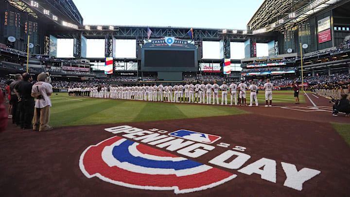Arizona Diamondbacks and San Diego Padres players are introduced during Opening Day at Chase Field on April 7, 2022.