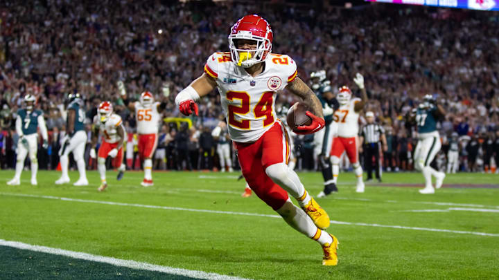 Feb 12, 2023; Glendale, Arizona, US; Kansas City Chiefs wide receiver Skyy Moore (24) celebrates as he scores a touchdown against the Philadelphia Eagles during the fourth quarter of Super Bowl LVII at State Farm Stadium. Mandatory Credit: Mark J. Rebilas-Imagn Images Feb 12, 2023; Glendale, Arizona, US; Kansas City Chiefs wide receiver Skyy Moore (24) celebrates as he scores a touchdown against the Philadelphia Eagles during the fourth quarter of Super Bowl LVII at State Farm Stadium. Mandatory Credit: Mark J. Rebilas-Imagn Images