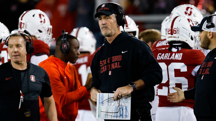 Nov 22, 2025; Stanford, California, USA; Stanford Cardinal head coach Frank Reich looks on during the second quarter against the California Golden Bears at Stanford Stadium. Mandatory Credit: Sergio Estrada-Imagn Images
