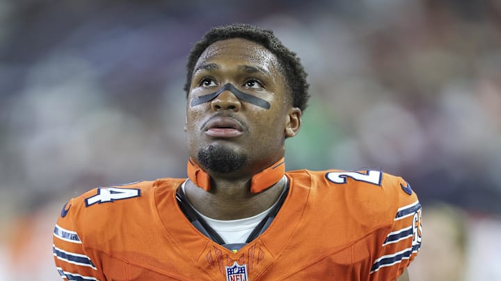 Sep 15, 2024; Houston, Texas, USA; Chicago Bears running back Khalil Herbert (24) during the game against the Houston Texans at NRG Stadium. Mandatory Credit: Troy Taormina-Imagn Images