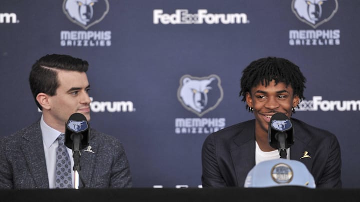 Jun 21, 2019; Memphis, TN, USA; Memphis Grizzlies executive vice president of basketball operations Zach Kleiman and Memphis Grzzlies first round pick Ja Morant at FedExForum. Mandatory Credit: Justin Ford-Imagn Images