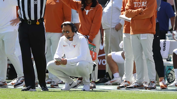 Texas Longhorns head coach Steve Sarkisian on Oct. 7, 2023, at AT&T Stadium in Arlington, Texas. Texas Longhorns head coach Steve Sarkisian on Oct. 7, 2023, at AT&T Stadium in Arlington, Texas.