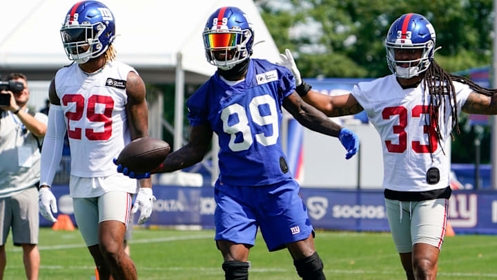 Former New York Giants wide receiver Kadarius Toney (89) reacts after making a diving touchdown catch. 