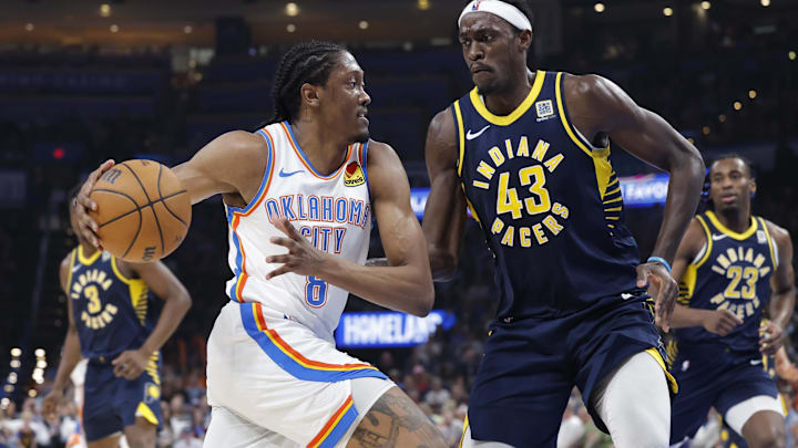 Mar 29, 2025; Oklahoma City, Oklahoma, USA; Oklahoma City Thunder forward Jalen Williams (8) drives to the basket against Indiana Pacers forward Pascal Siakam (43) during the second quarter at Paycom Center. Mandatory Credit: Alonzo Adams-Imagn Images