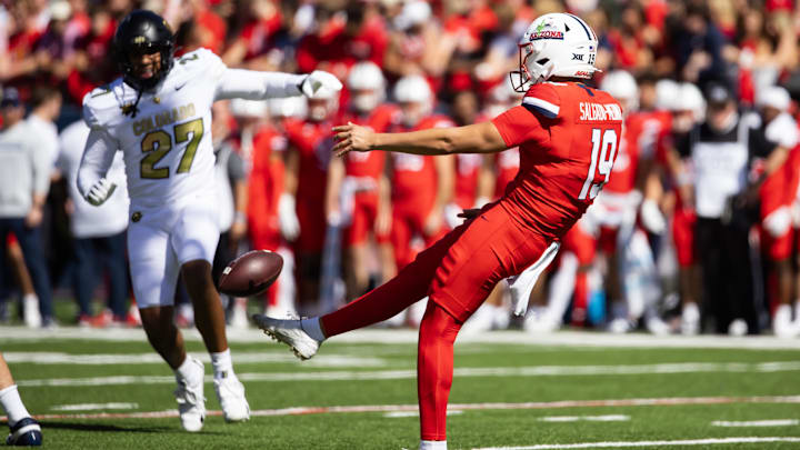 Oct 19, 2024; Tucson, Arizona, USA; Arizona Wildcats punter Michael Salgado-Medina (19) against the Colorado Buffalos at Arizona Stadium. Mandatory Credit: Mark J. Rebilas-Imagn Images