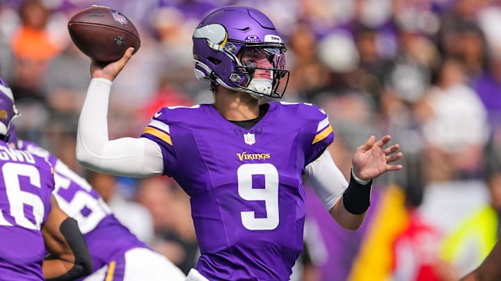 Aug 10, 2024; Minneapolis, Minnesota, USA; Minnesota Vikings quarterback J.J. McCarthy (9) passes against the Las Vegas Raiders in the second quarter at U.S. Bank Stadium. Mandatory Credit: Brad Rempel-Imagn Images Aug 10, 2024; Minneapolis, Minnesota, USA; Minnesota Vikings quarterback J.J. McCarthy (9) passes against the Las Vegas Raiders in the second quarter at U.S. Bank Stadium. Mandatory Credit: Brad Rempel-Imagn Images