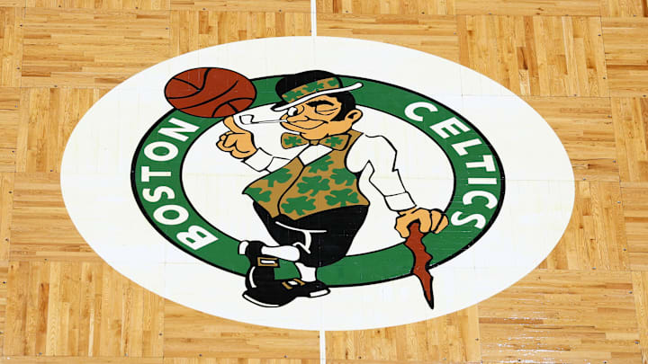 Apr 3, 2022; Boston, Massachusetts, USA; The Boston Celtics logo is seen on the parquet floor at center court before the game between the Boston Celtics and the Washington Wizards at TD Garden. Mandatory Credit: Winslow Townson-Imagn Images
