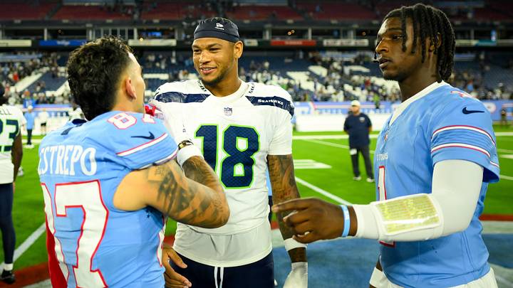 Tennessee Titans quarterback Cam Ward (1), wide receiver Xavier Restrepo (87) and Seattle Seahawks tight end Elijah Arroyo (18). Tennessee Titans quarterback Cam Ward (1), wide receiver Xavier Restrepo (87) and Seattle Seahawks tight end Elijah Arroyo (18).