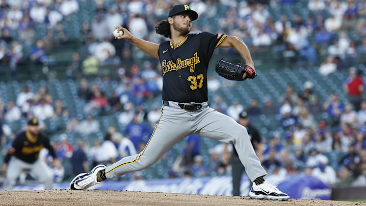 Sep 2, 2024; Chicago, Illinois, USA; Pittsburgh Pirates starting pitcher Jared Jones (37) delivers a pitch against the Chicago Cubs during the first inning at Wrigley Field. Sep 2, 2024; Chicago, Illinois, USA; Pittsburgh Pirates starting pitcher Jared Jones (37) delivers a pitch against the Chicago Cubs during the first inning at Wrigley Field.