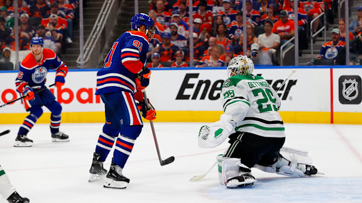 May 25, 2025; Edmonton, Alberta, CAN; Dallas Stars goaltender Jake Oettinger (29) stops a shot by Edmonton Oilers left wing Evander Kane (91) during the third period in game three of the Western Conference Final of the 2025 Stanley Cup Playoffs at Rogers Place. Mandatory Credit: Perry Nelson-Imagn Images