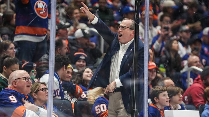 Mar 25, 2023; Elmont, New York, USA;  New York Islanders owner Jon Ledecky sings with the crowd during a timeout in the second period against the Buffalo Sabres at UBS Arena. Mandatory Credit: Wendell Cruz-USA TODAY Sports