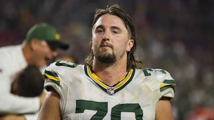 Oct 28, 2021; Glendale, Arizona, USA; Green Bay Packers guard Royce Newman (70) against the Arizona Cardinals at State Farm Stadium. Mandatory Credit: Mark J. Rebilas-Imagn Images