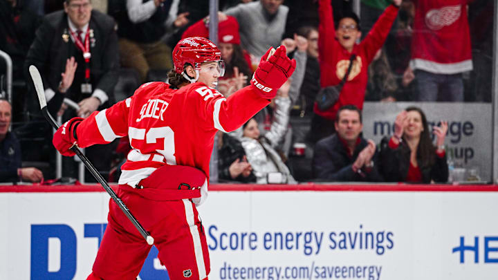 Mar 16, 2026; Detroit, Michigan, USA; Detroit Red Wings defenseman Moritz Seider (53) celebrates his goal during the second period against the Calgary Flames at Little Caesars Arena. Mandatory Credit: Tim Fuller-Imagn Images