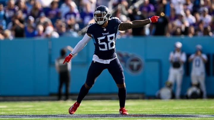 Nov 17, 2024; Nashville, Tennessee, USA; Tennessee Titans linebacker Harold Landry III (58) celebrates the fumble recovery against the Minnesota Vikings during the first half at Nissan Stadium. Mandatory Credit: Steve Roberts-Imagn Images Nov 17, 2024; Nashville, Tennessee, USA; Tennessee Titans linebacker Harold Landry III (58) celebrates the fumble recovery against the Minnesota Vikings during the first half at Nissan Stadium. Mandatory Credit: Steve Roberts-Imagn Images