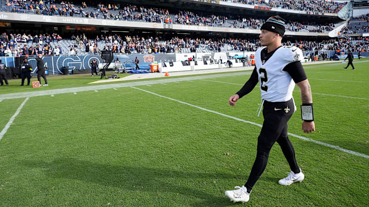 New Orleans Saints quarterback Spencer Rattler (2) walks on the field before a game against the Chicago Bears on Oct. 19, 2025.