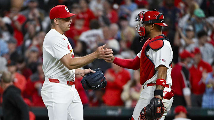 Apr 9, 2024; St. Louis, Missouri, USA; St. Louis Cardinals relief pitcher Ryan Helsley (56) celebrates with catcher Ivan Herrera (48) after the Cardinals defeated the Philadelphia Phillies at Busch Stadium. Mandatory Credit: Jeff Curry-Imagn Images Apr 9, 2024; St. Louis, Missouri, USA; St. Louis Cardinals relief pitcher Ryan Helsley (56) celebrates with catcher Ivan Herrera (48) after the Cardinals defeated the Philadelphia Phillies at Busch Stadium. Mandatory Credit: Jeff Curry-Imagn Images