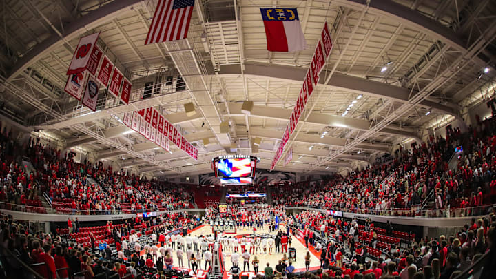 Dec 10, 2024; Raleigh, North Carolina, USA; National Anthem prior to the first half of the game of North Carolina State Wolfpack against Coppin State Eagles at Reynolds Coliseum. Mandatory Credit: Jaylynn Nash-Imagn Images Dec 10, 2024; Raleigh, North Carolina, USA; National Anthem prior to the first half of the game of North Carolina State Wolfpack against Coppin State Eagles at Reynolds Coliseum. Mandatory Credit: Jaylynn Nash-Imagn Images