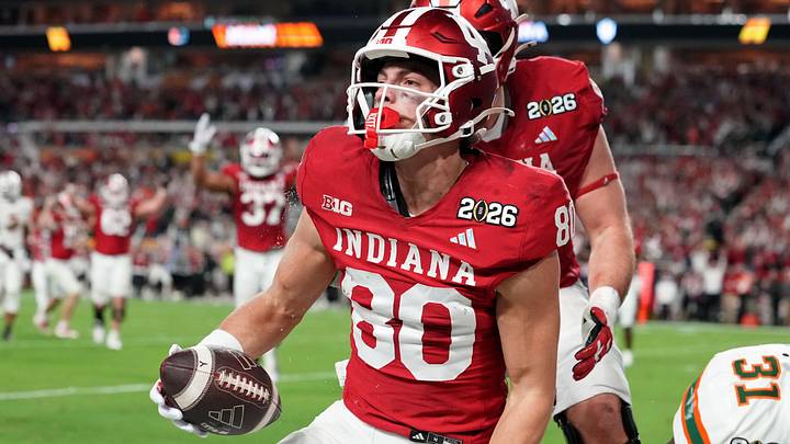 Indiana Hoosiers wide receiver Charlie Becker reacts after diving for the end zone against the Miami Hurricanes.