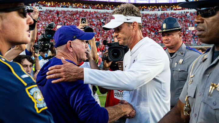 LSU head coach Brian Kelly and Ole Miss head coach Lane Kiffin shake hands after a college football game between Ole Miss and LSU at Vaught-Hemingway Stadium in Oxford, Miss., on Saturday, Sept. 27, 2025. Ole Miss defeated LSU 24-19.