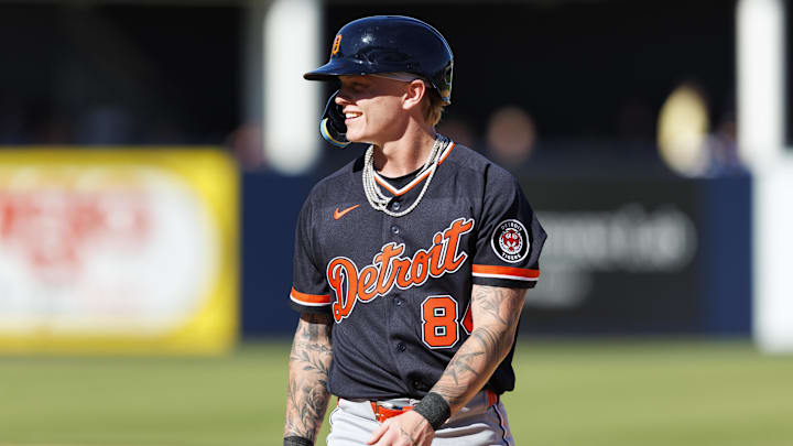 Feb 21, 2026; Tampa, Florida, USA; Detroit Tigers outfielder Max Clark (84) reacts after a hit against the New York Yankees during the seventh inning in a Spring Training game at George M. Steinbrenner Field. Mandatory Credit: Morgan Tencza-Imagn Images