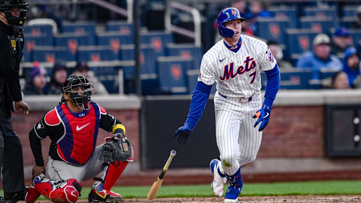 Apr 8, 2026; New York City, New York, USA; New York Mets third baseman Brett Baty (7) hits a double against the Arizona Diamondbacks during the eighth inning at Citi Field. Mandatory Credit: John Jones-Imagn Images