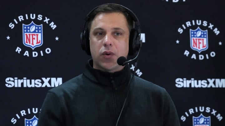 Feb 27, 2024; Indianapolis, IN, USA; Kansas City Chiefs general manager Brett Veach on the SiriusXM radio set at the NFL Scouting Combine at Indiana Convention Center. Mandatory Credit: Kirby Lee-USA TODAY Sports