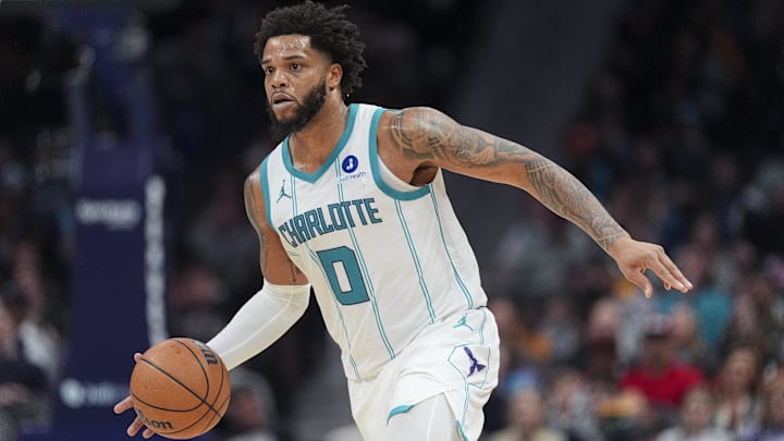 Mar 24, 2026; Charlotte, North Carolina, USA; Charlotte Hornets forward Miles Bridges (0) brings the ball up court against the Sacramento Kings during the second half at Spectrum Center. Mandatory Credit: Jim Dedmon-Imagn Images Mar 24, 2026; Charlotte, North Carolina, USA; Charlotte Hornets forward Miles Bridges (0) brings the ball up court against the Sacramento Kings during the second half at Spectrum Center. Mandatory Credit: Jim Dedmon-Imagn Images