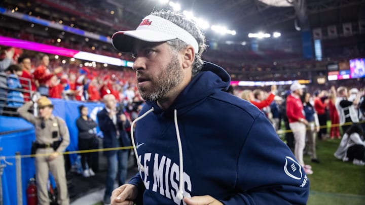 Jan 8, 2026; Glendale, AZ, USA; Mississippi Rebels head coach Pete Golding against the Miami Hurricanes during the 2026 Fiesta Bowl and semifinal game of the College Football Playoff at State Farm Stadium. Mandatory Credit: Mark J. Rebilas-Imagn Images