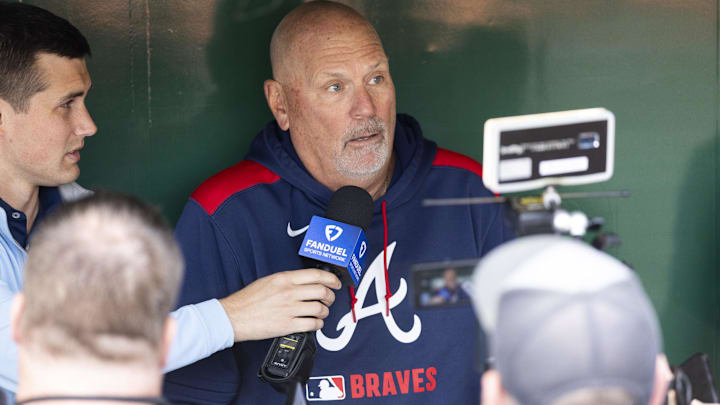 Atlanta Braves manager Brian Snitker (43) talks with the media before the game against the Pittsburgh Pirates at PNC Park.