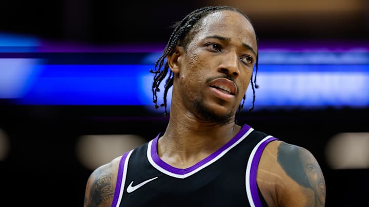 Apr 16, 2025; Sacramento, California, USA; Sacramento Kings forward DeMar DeRozan (10) looks on during the fourth quarter against the Dallas Mavericks at Golden 1 Center. 
