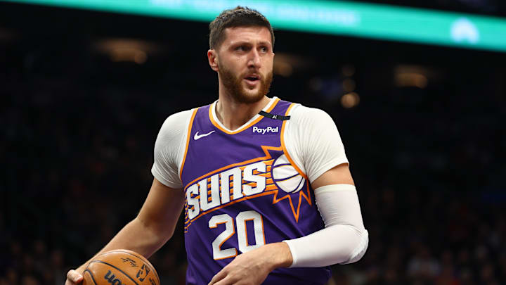Dec 27, 2024; Phoenix, Arizona, USA; Phoenix Suns center Jusuf Nurkic (20) against the Dallas Mavericks at Footprint Center. Mandatory Credit: Mark J. Rebilas-Imagn Images