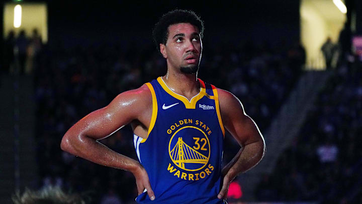 Oct 30, 2024; San Francisco, California, USA; Golden State Warriors forward Trayce Jackson-Davis (32) waits for the second half to start against the New Orleans Pelicans to start at Chase Center.