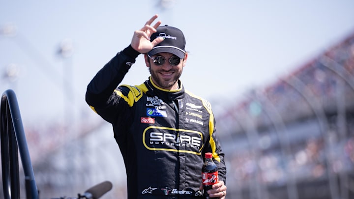 Mar 22, 2026; Darlington, South Carolina, USA; Spire Motorsports Daniel Suarez (7) comes out for the Goodyear 400 at Darlington Raceway. 