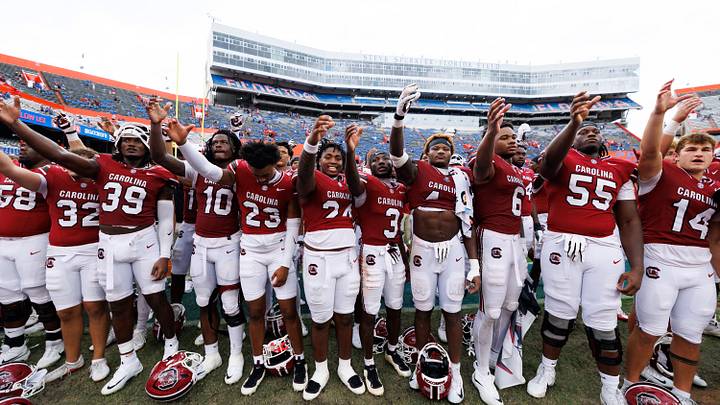 Oct 10, 2026; Gainesville, Florida, USA;  South Carolina Gamecocks players gesture towards fans after a game against the Florida Gators at Ben Hill Griffin Stadium.  Mandatory Credit: Matt Pendleton-Imagn Images