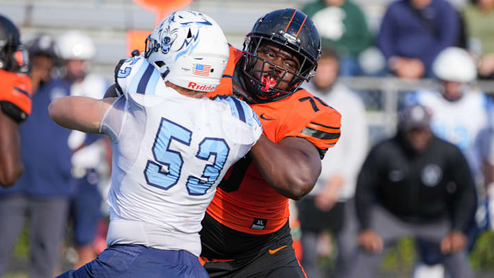 Findlay tackle Michael Jerrell blocks during a play in a regular season game.