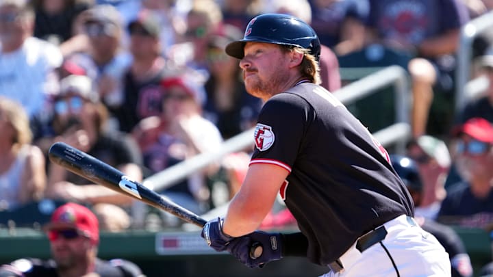 Mar 3, 2026; Goodyear, Arizona, USA; Cleveland Guardians Kyle Manzardo (9) hits a grand slam against the Los Angeles Dodgers during the first inning at Goodyear Ballpark. Mandatory Credit: Joe Camporeale-Imagn Images Mar 3, 2026; Goodyear, Arizona, USA; Cleveland Guardians Kyle Manzardo (9) hits a grand slam against the Los Angeles Dodgers during the first inning at Goodyear Ballpark. Mandatory Credit: Joe Camporeale-Imagn Images