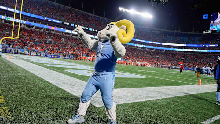 Dec 3, 2022; Charlotte, North Carolina, USA; North Carolina Tar Heels mascot Rameses during the fourth quarter between the North Carolina Tar Heels and the Clemson Tigers at Bank of America Stadium. 