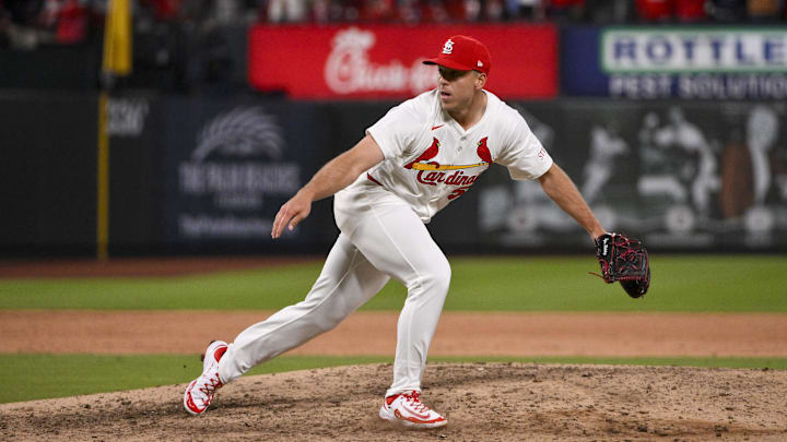 Mar 27, 2025; St. Louis, Missouri, USA; St. Louis Cardinals relief pitcher Ryan Helsley (56) pitches against the Minnesota Twins during the ninth inning at Busch Stadium. Mandatory Credit: Jeff Curry-Imagn Images Mar 27, 2025; St. Louis, Missouri, USA; St. Louis Cardinals relief pitcher Ryan Helsley (56) pitches against the Minnesota Twins during the ninth inning at Busch Stadium. Mandatory Credit: Jeff Curry-Imagn Images