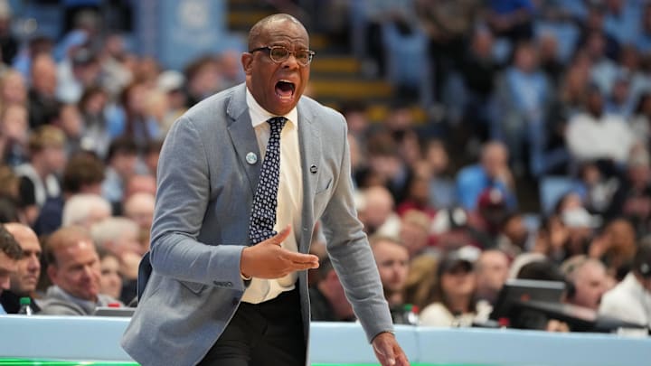 Dec 30, 2025; Chapel Hill, North Carolina, USA; North Carolina Tar Heels head coach Hubert Davis reacts in the first half at Dean E. Smith Center. Mandatory Credit: Bob Donnan-Imagn Images