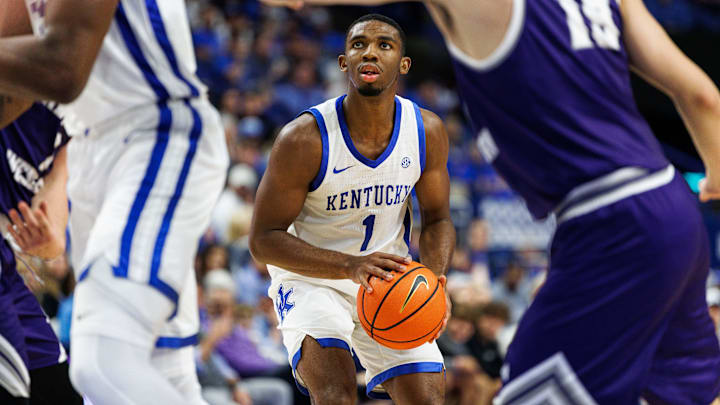 Oct 23, 2024; Lexington, KY, USA; Kentucky Wildcats guard Lamont Butler (1) shoots the ball during the second half against the Kentucky Wesleyan Panthers at Rupp Arena at Central Bank Center. Mandatory Credit: Jordan Prather-Imagn Images Oct 23, 2024; Lexington, KY, USA; Kentucky Wildcats guard Lamont Butler (1) shoots the ball during the second half against the Kentucky Wesleyan Panthers at Rupp Arena at Central Bank Center. Mandatory Credit: Jordan Prather-Imagn Images