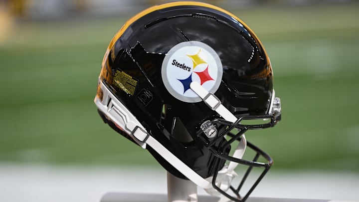 Nov 16, 2025; Pittsburgh, Pennsylvania, USA; A Pittsburgh Steelers helmet before a game against the Cincinnati Bengals at Acrisure Stadium. Mandatory Credit: Barry Reeger-Imagn Images