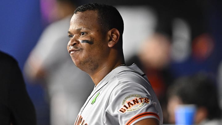 May 1, 2026; St. Petersburg, Florida, USA; San Francisco Giants infielder Rafael Devers (16) reacts during the seventh inning against Tampa Bay Rays at Tropicana Field. Mandatory Credit: Pablo Robles-Imagn Images