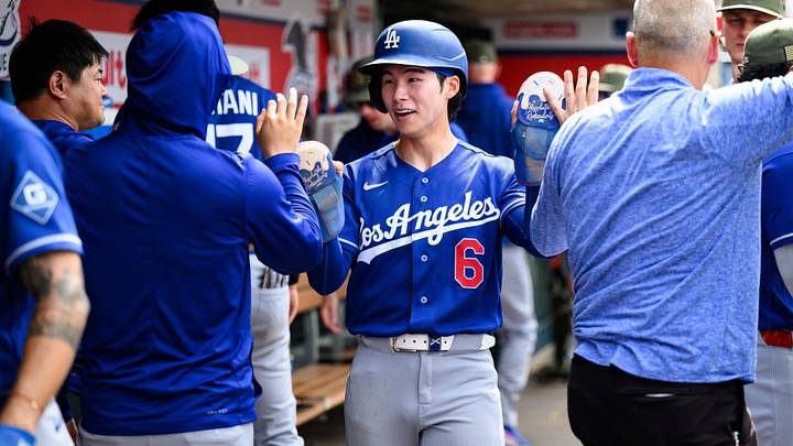 May 17, 2026; Anaheim, California, USA; Los Angeles Dodgers second baseman Hyeseong Kim (6) is greeted by teammates after scoring during the ninth inning against the Los Angeles Angels at Angel Stadium. Mandatory Credit: William Liang-Imagn Images May 17, 2026; Anaheim, California, USA; Los Angeles Dodgers second baseman Hyeseong Kim (6) is greeted by teammates after scoring during the ninth inning against the Los Angeles Angels at Angel Stadium. Mandatory Credit: William Liang-Imagn Images